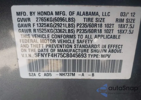 2012 Honda Pilot Ex-L from USA, damaged, VIN 5FNYF4H75CB045693